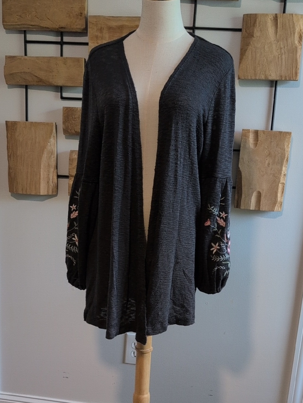 Maurices Dark Gray Open-Front Cardigan with Floral Embroidery